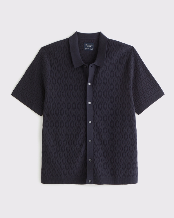 Jacquard Pattern Button-Through Sweater Polo, Navy Pattern view 2
