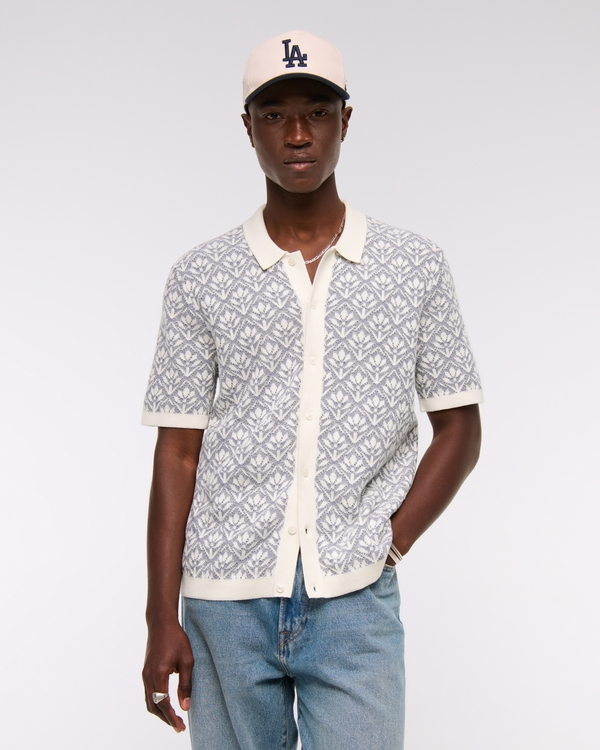 Jacquard Pattern Button-Through Sweater Polo, Light Blue And Cream Pattern view 1