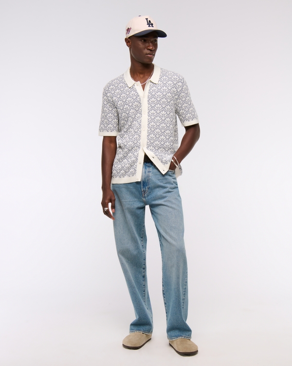 Jacquard Pattern Button-Through Sweater Polo, Light Blue And Cream Pattern view 2