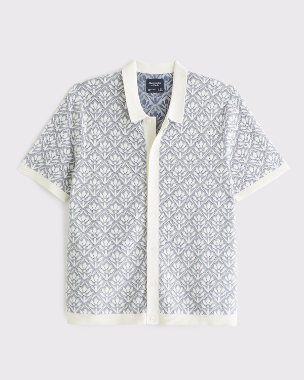 Jacquard Pattern Button-Through Sweater Polo, Light Blue And Cream Pattern view 1