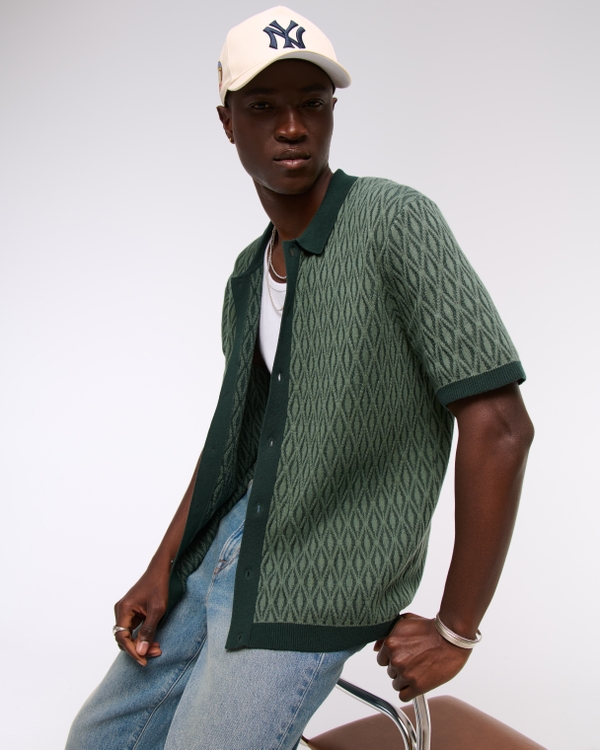 Jacquard Pattern Button-Through Sweater Polo, Dark Forest Pattern view 1