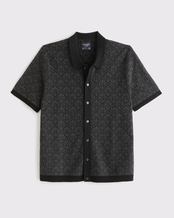 Jacquard Pattern Button-Through Sweater Polo, Black Pattern view 1