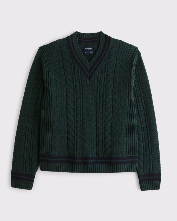Oversized Cable V-Neck Sweater, Dark Forest view 1
