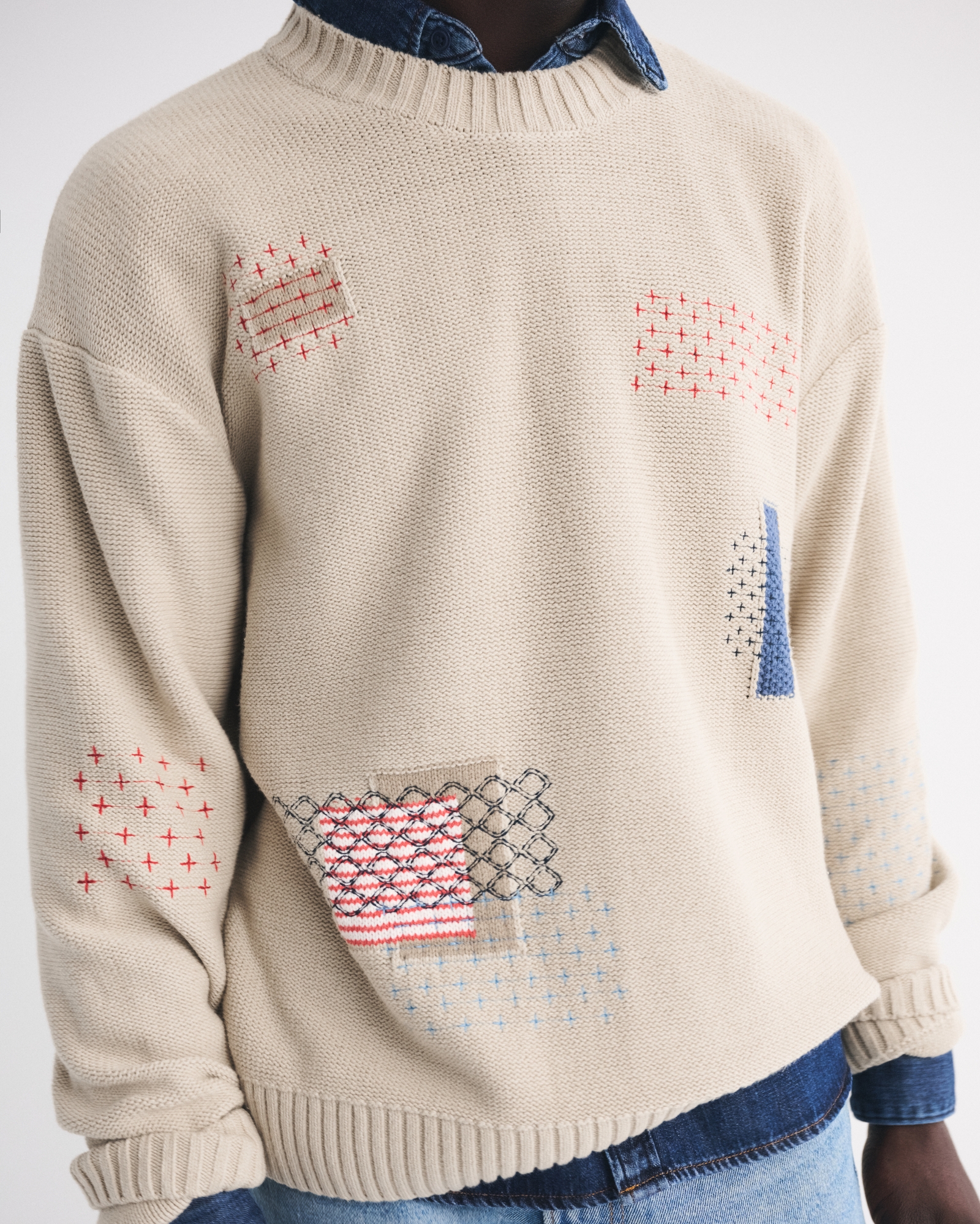 Cable Patchwork Crew Sweater