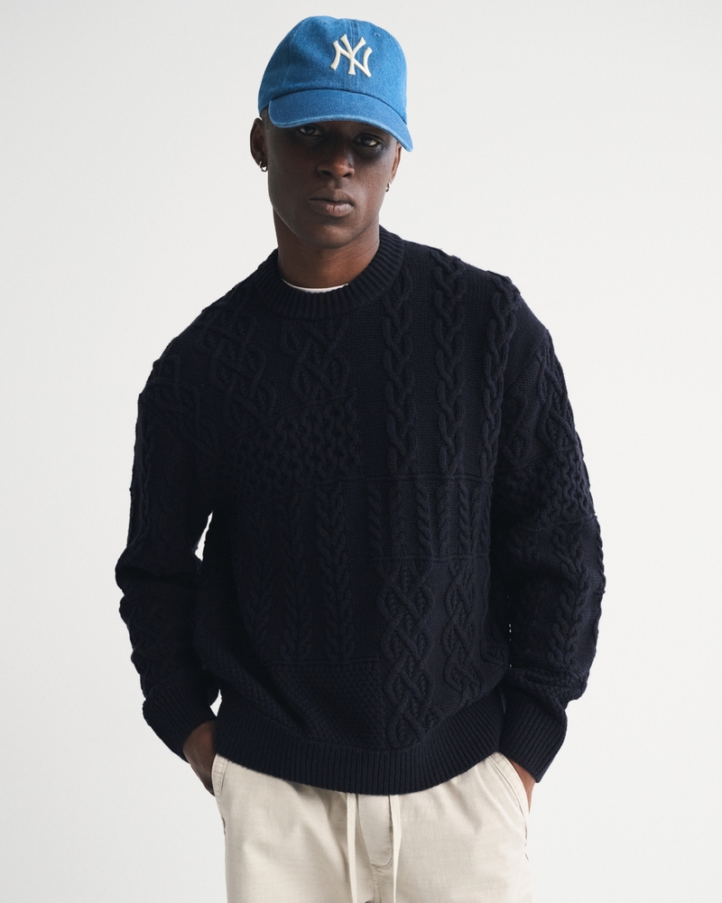 ごろごろ Men's Cable Patchwork Crew Sweater | Men's Clearance
