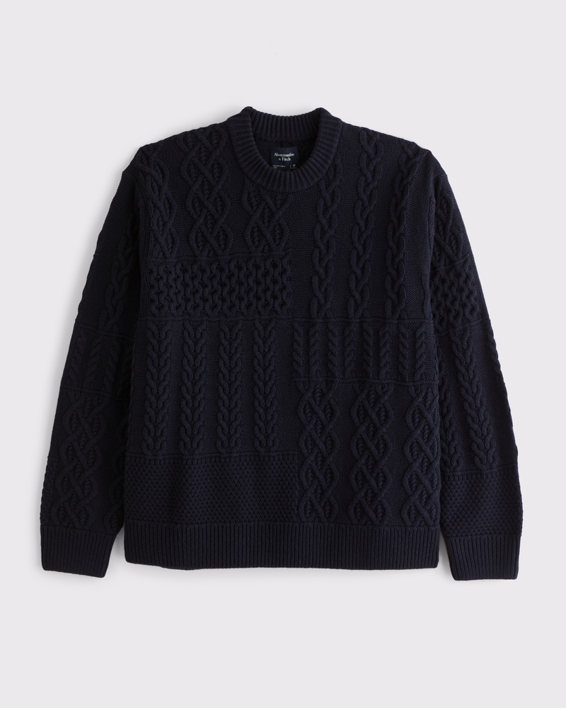 ごろごろ Men's Cable Patchwork Crew Sweater | Men's Clearance