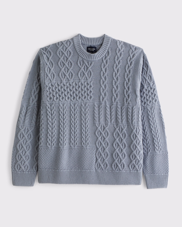 Cable Patchwork Crew Sweater, Light Blue view 1