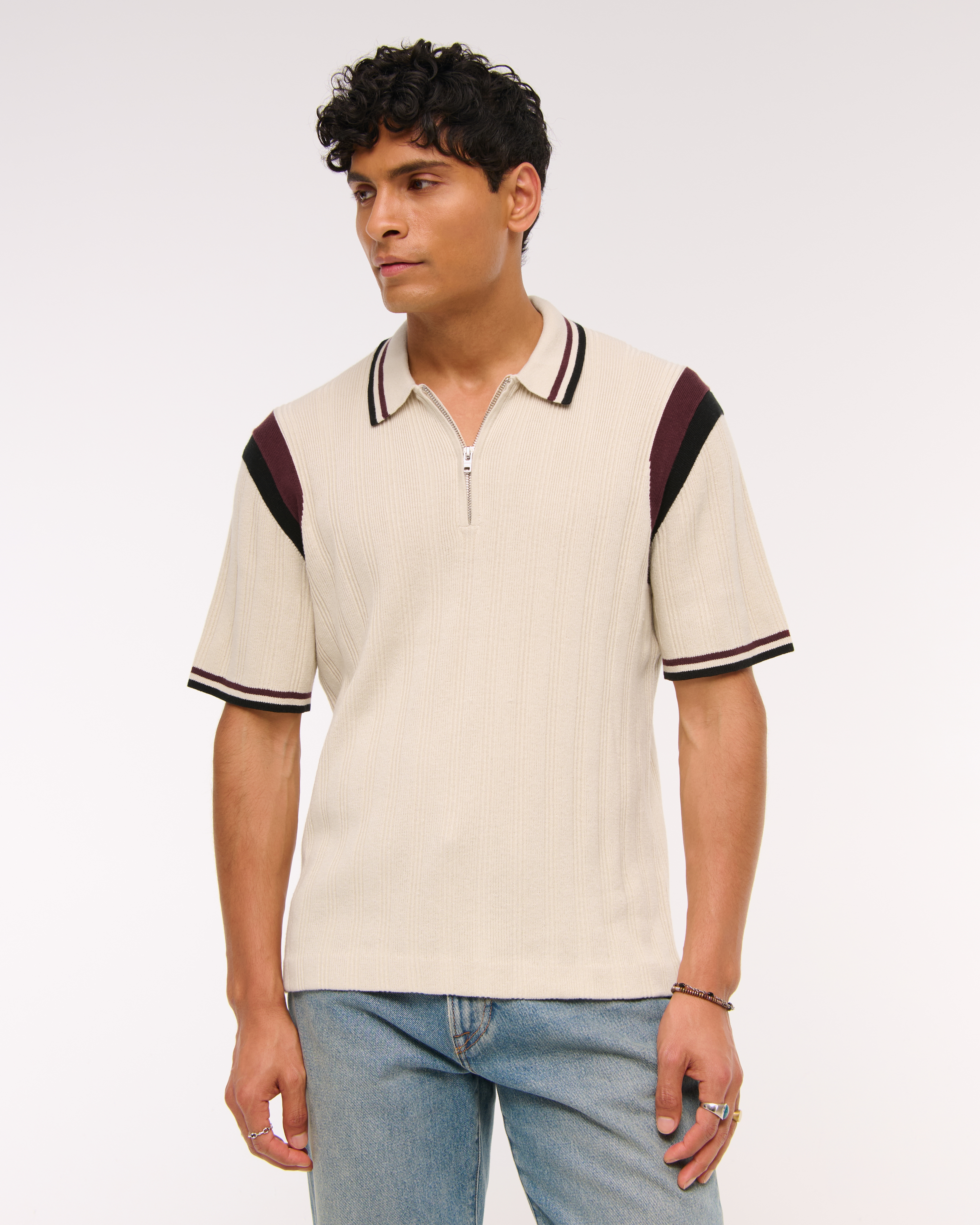 Abercrombie & Fitch Preppy Zip Sweater Polo In Brown