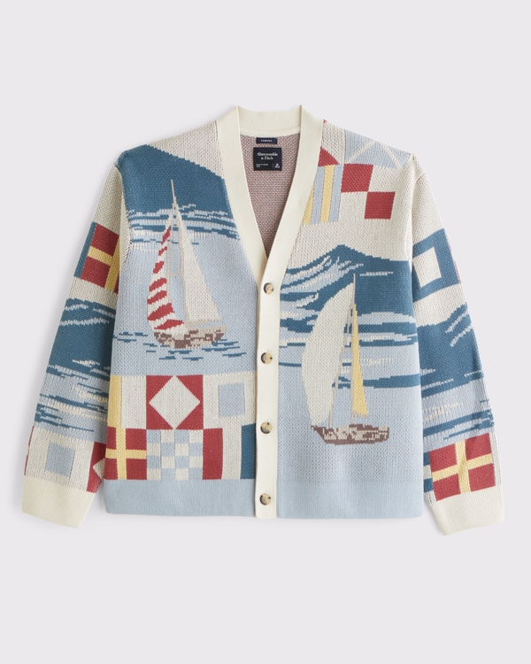 Nautical Graphic Patchwork Cardigan, Light Blue Pattern view 1