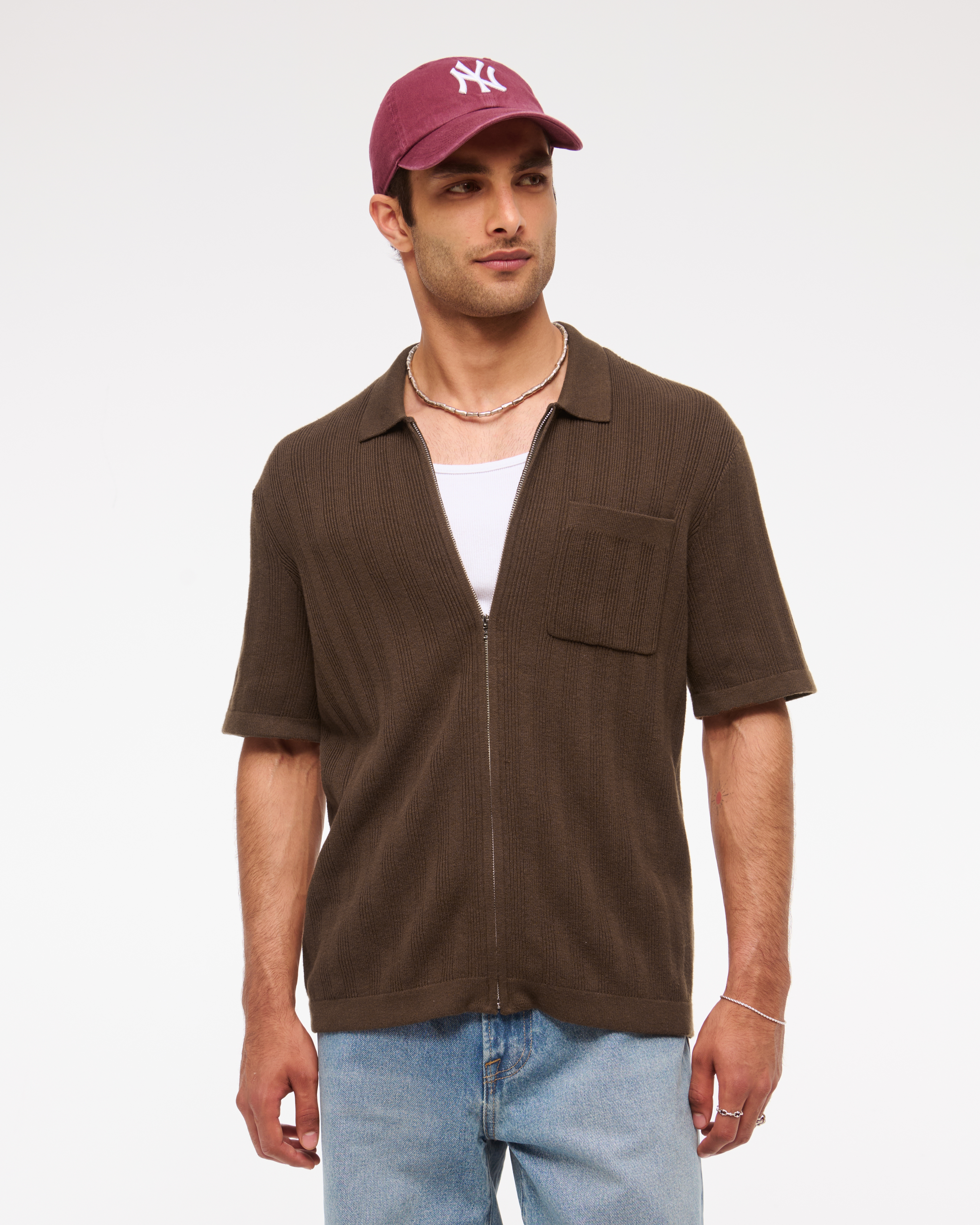 Abercrombie & Fitch アバクロ フル ジップ ニット ポロ 半袖 メンズ フルジップ ニットポロシャツ | メンズ トップス