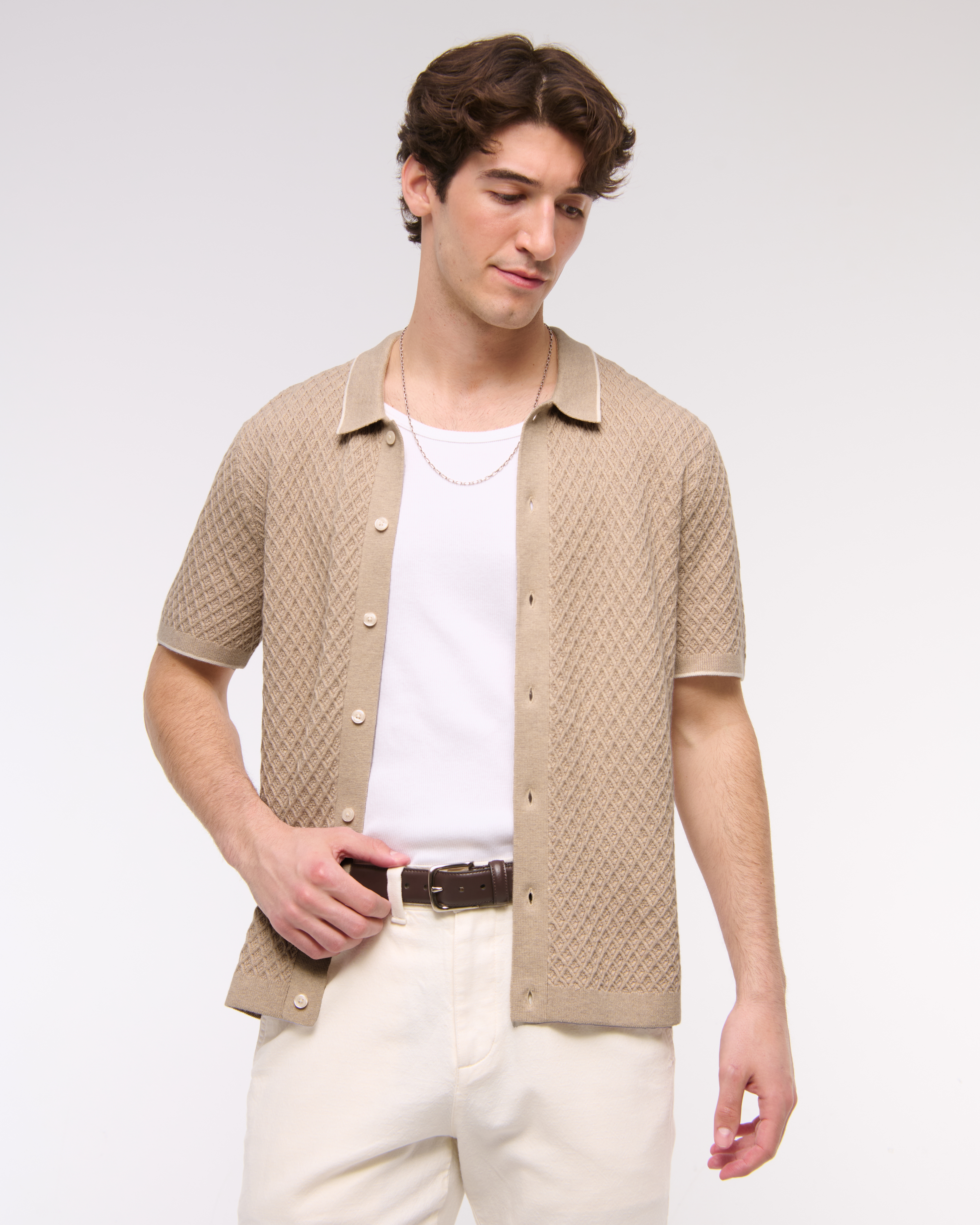 Abercrombie & Fitch Diamond Stitch Button-through Sweater Polo In Brown