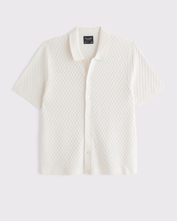 Diamond Stitch Button-Through Sweater Polo, Cream view 1