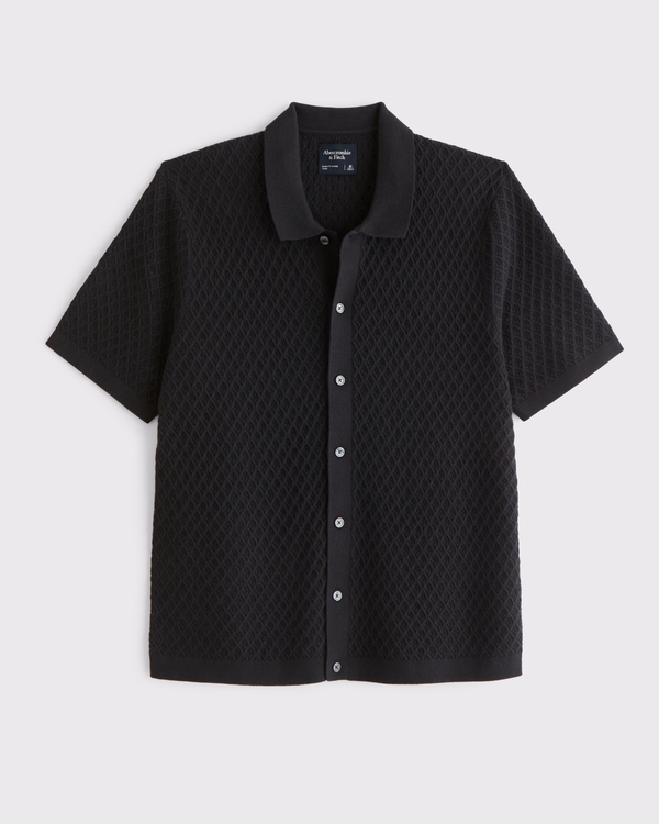 Diamond Stitch Button-Through Sweater Polo, Black view 1