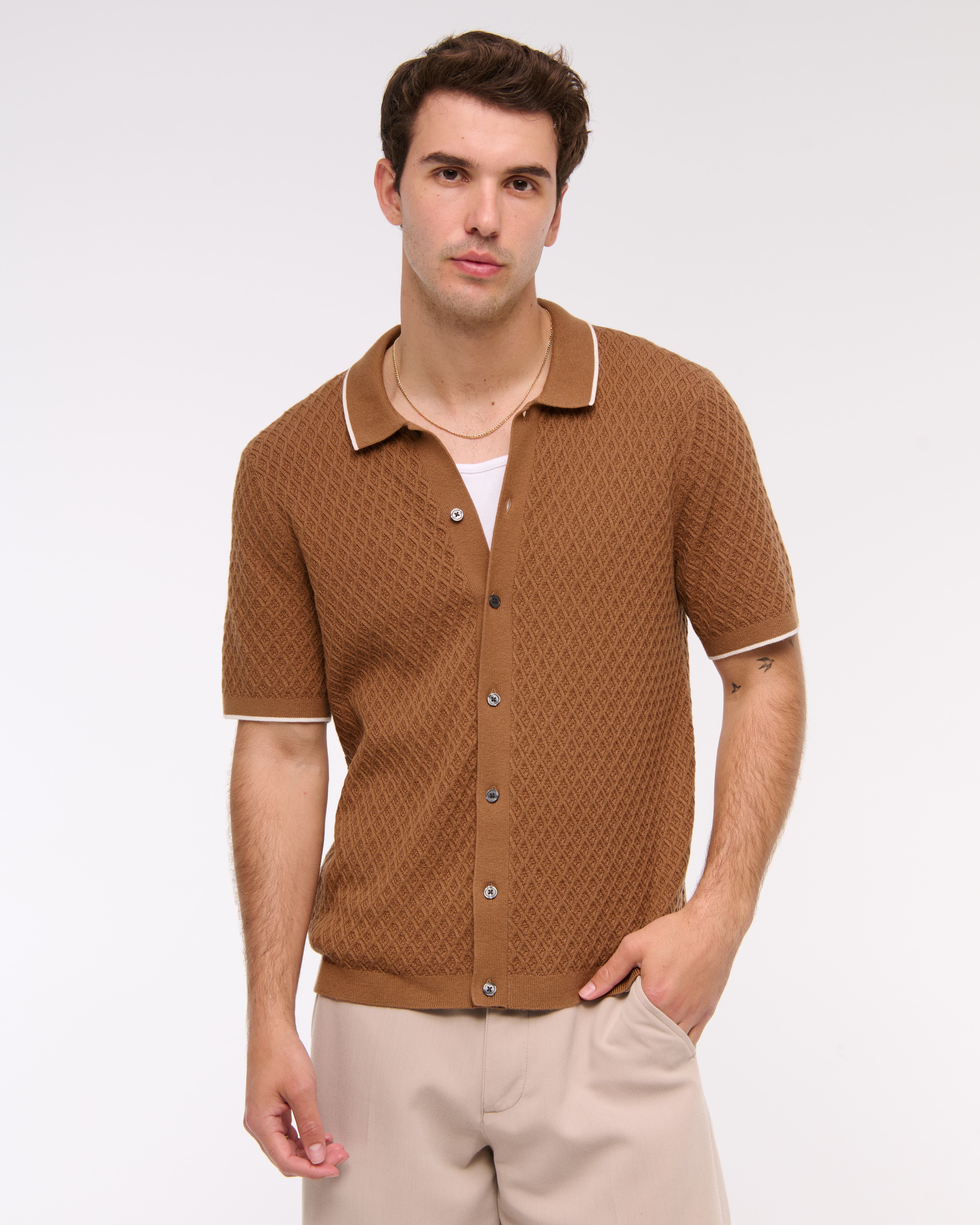Abercrombie & Fitch Diamond Stitch Button-through Sweater Polo In Brown