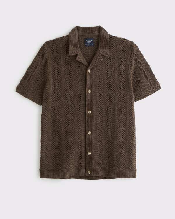 Wavy Crochet-Style Button-Through Sweater Polo, Dark Brown view 1