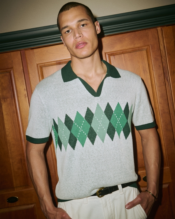 Argyle Johnny Collar Sweater Polo, Green And Light Gray Pattern view 1