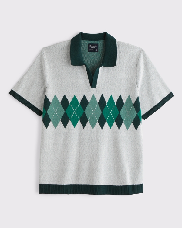 Argyle Johnny Collar Sweater Polo, Green And Light Gray Pattern view 2