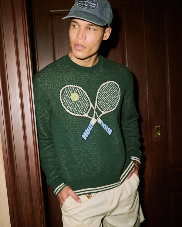 Oversized Tennis Racket Graphic Crew Sweater, Deep Green view 1