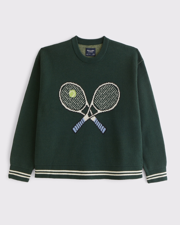 Oversized Tennis Racket Graphic Crew Sweater, Deep Green view 2