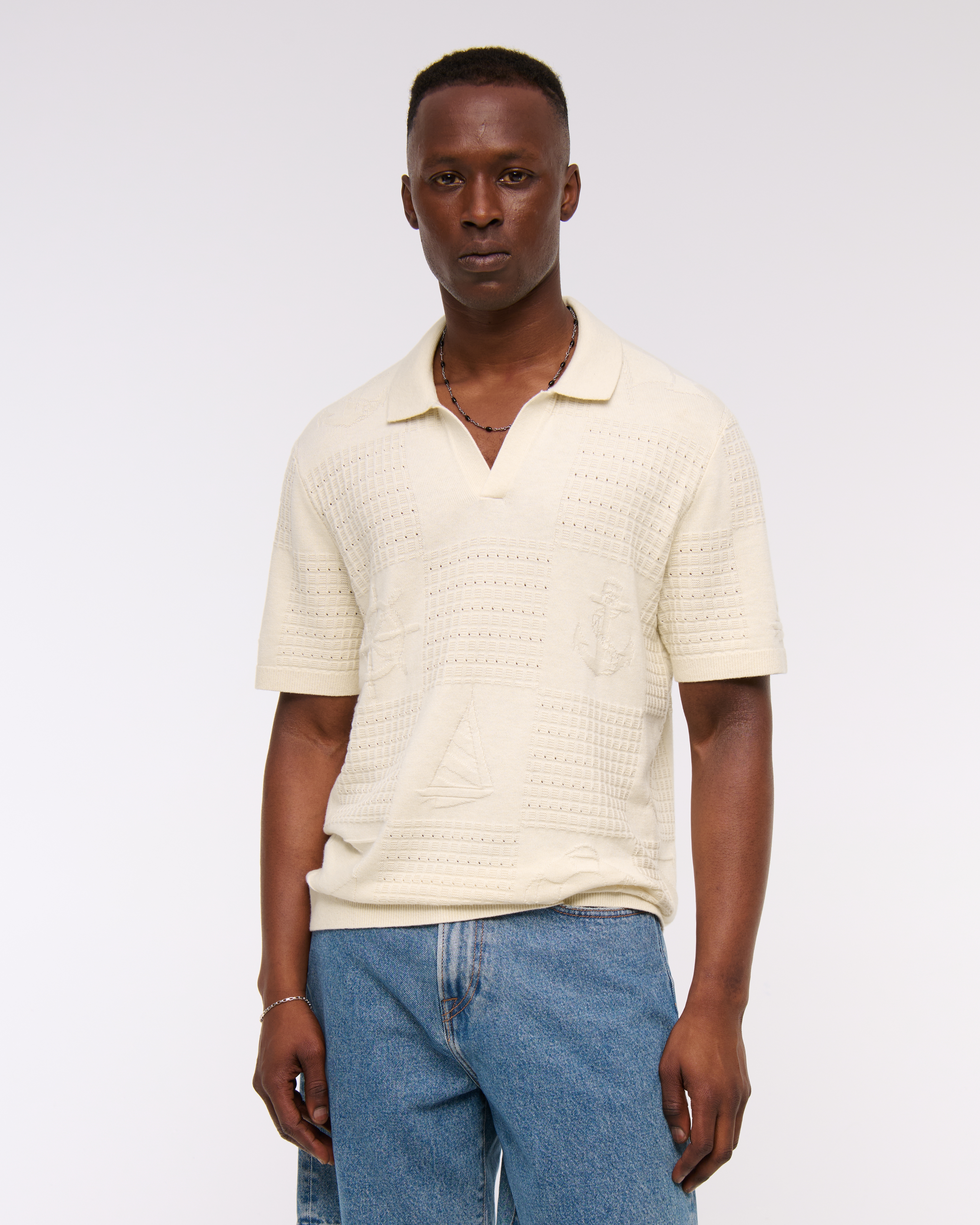 Abercrombie & Fitch Cable Patchwork Johnny Collar Sweater Polo In Brown