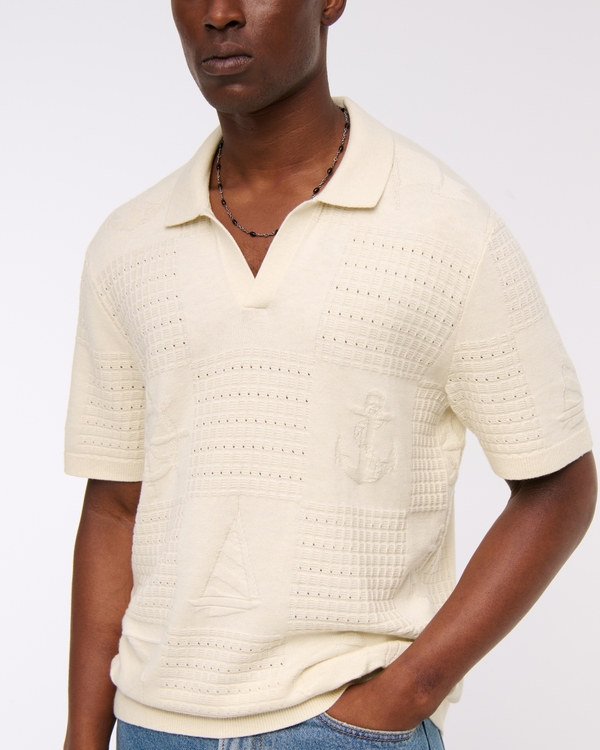 Cable Patchwork Johnny Collar Sweater Polo