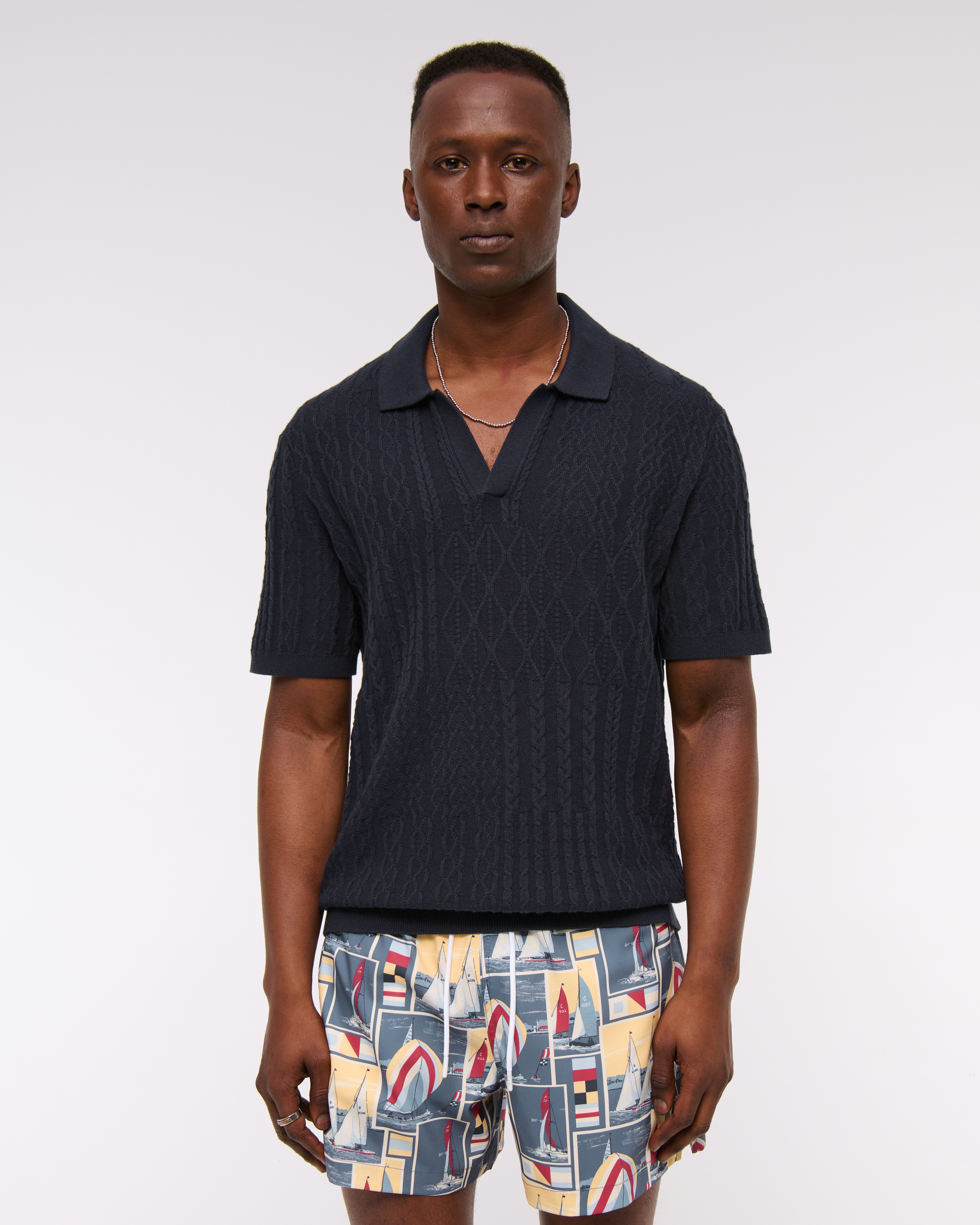 Abercrombie & Fitch Cable Patchwork Johnny Collar Sweater Polo In Blue