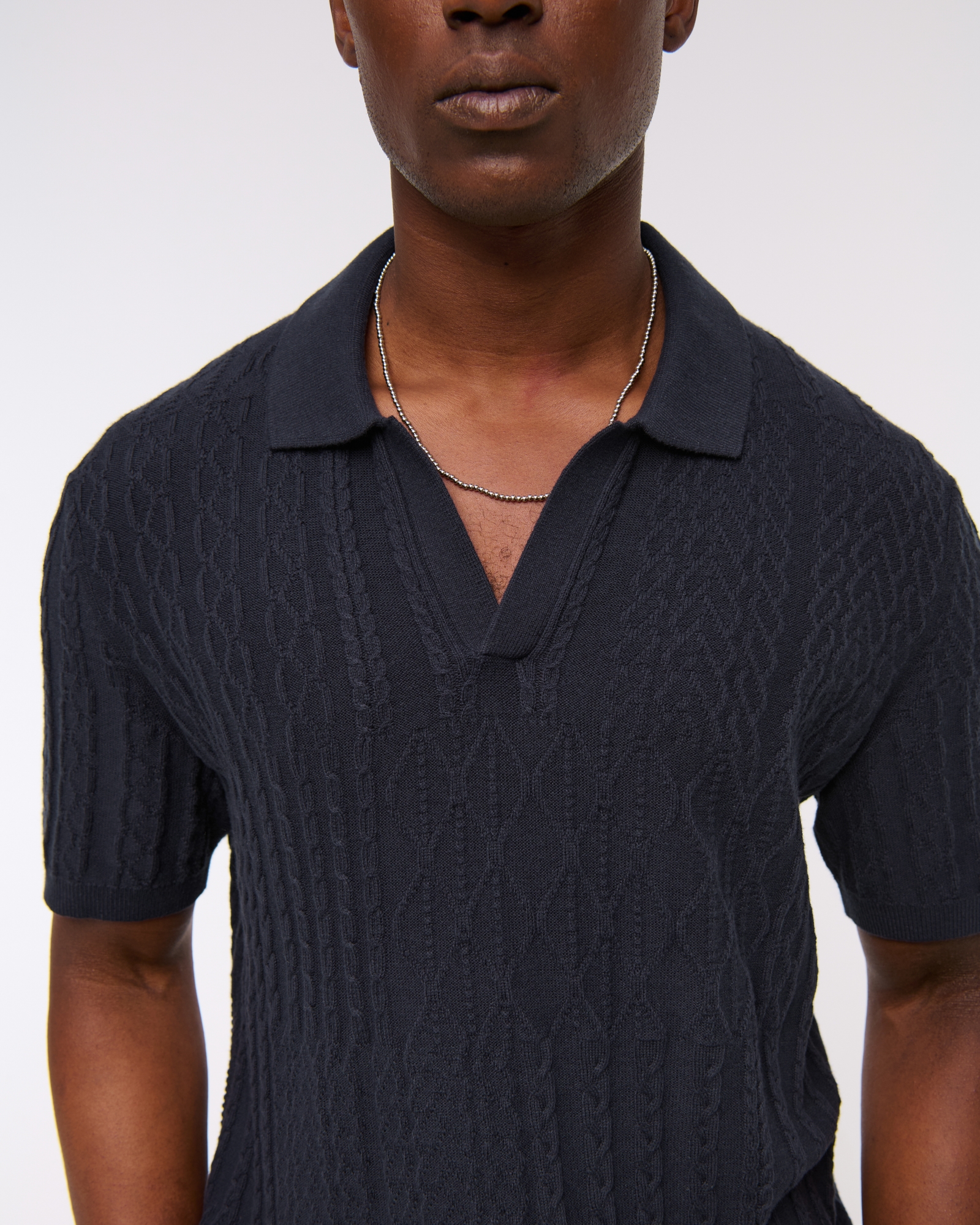 Cable Patchwork Johnny Collar Sweater Polo