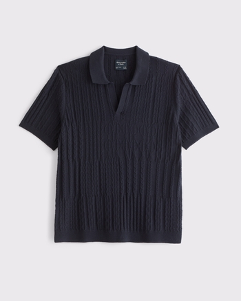 Men's Cable Patchwork Johnny Collar Sweater Polo | Men's