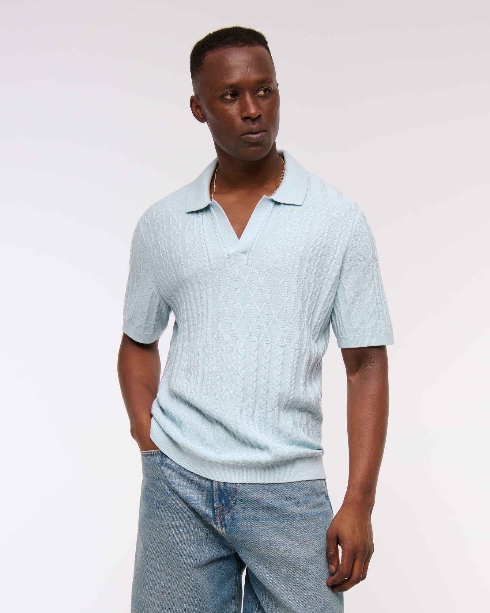 Cable Patchwork Johnny Collar Sweater Polo