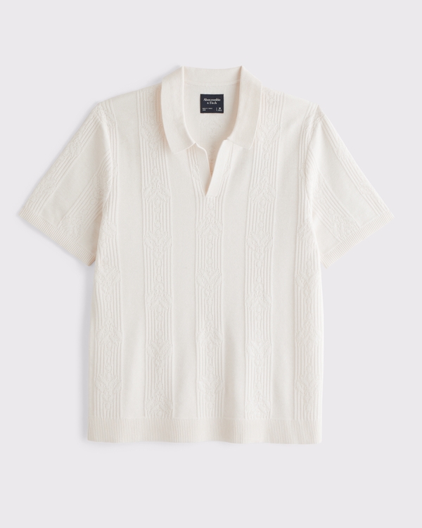 Textural Striped Johnny Collar Sweater Polo, Cream view 1