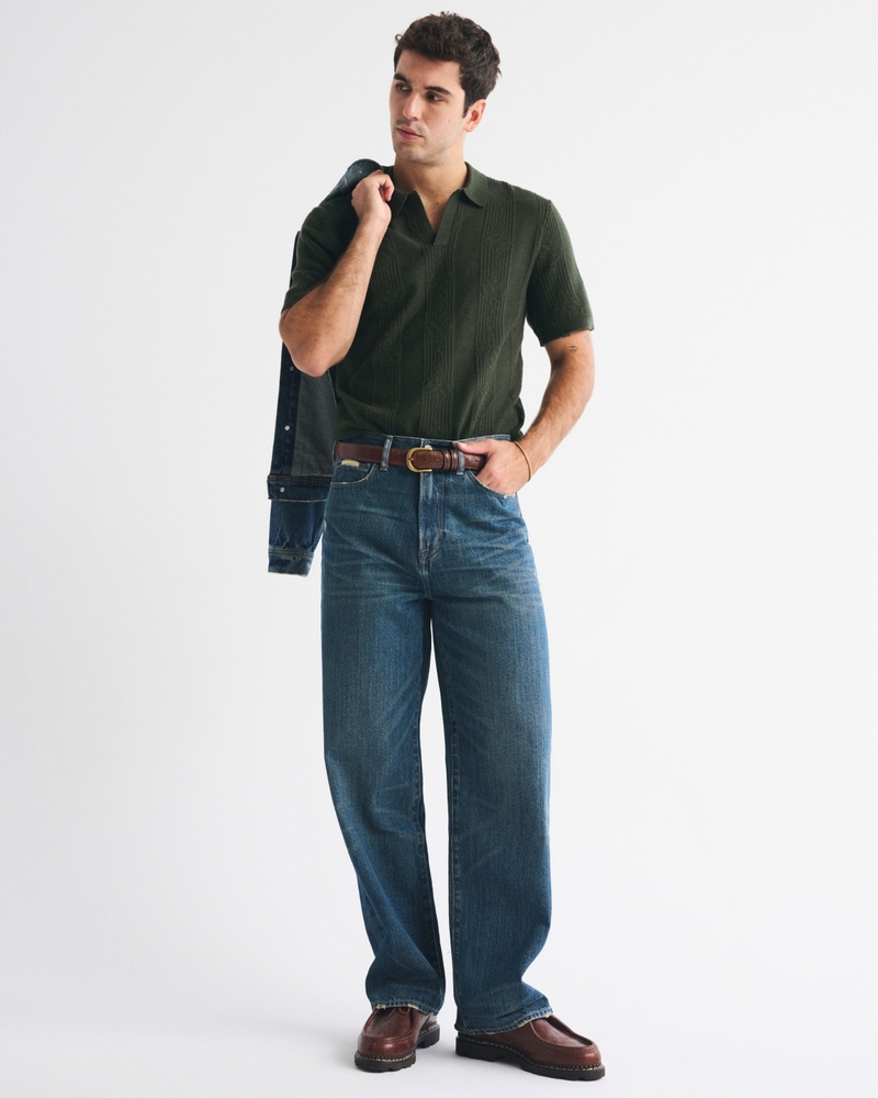 Textural Striped Johnny Collar Sweater Polo