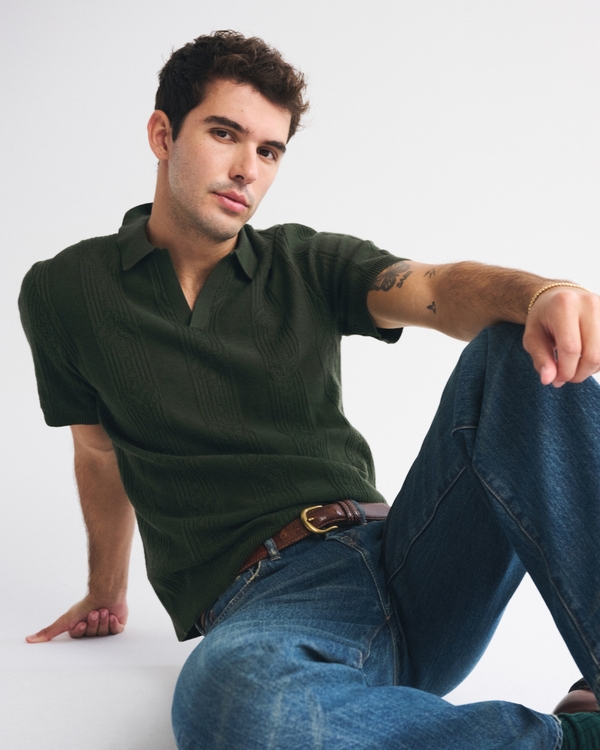 Textural Striped Johnny Collar Sweater Polo