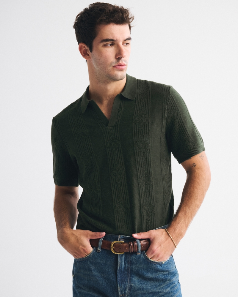 Textural Striped Johnny Collar Sweater Polo