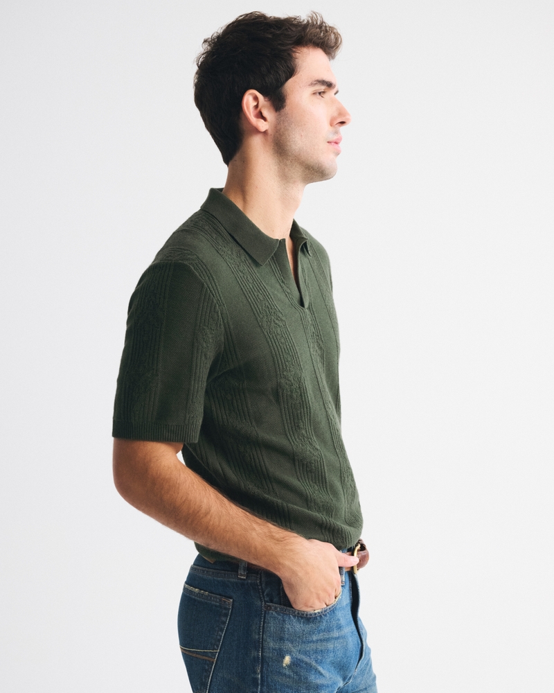 Textural Striped Johnny Collar Sweater Polo