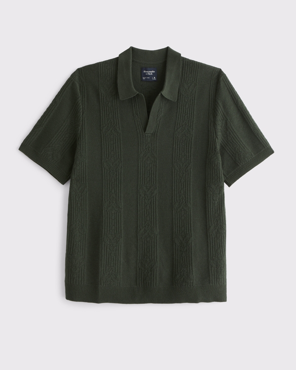 Textural Striped Johnny Collar Sweater Polo, Dark Green view 1