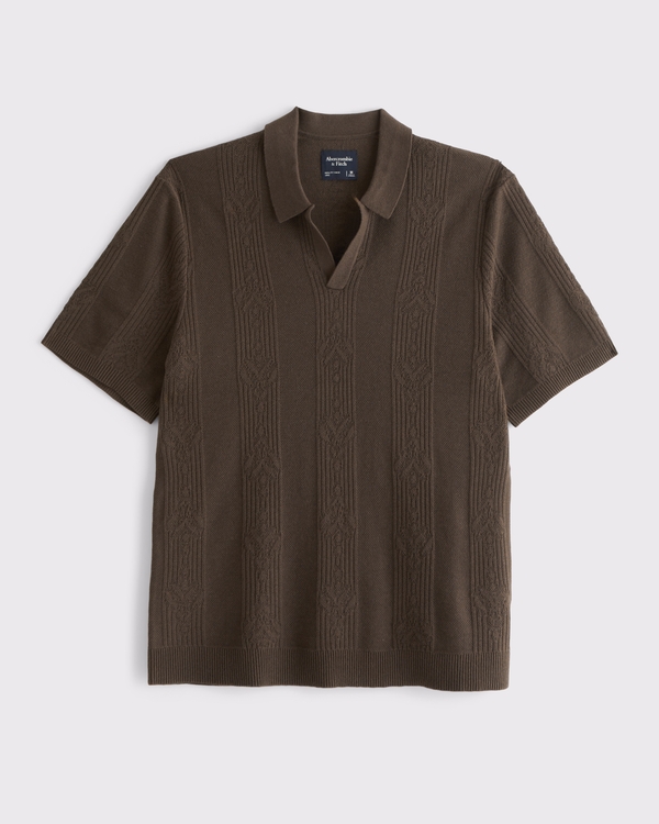 Textural Striped Johnny Collar Sweater Polo, Marrón Oscuro view 1