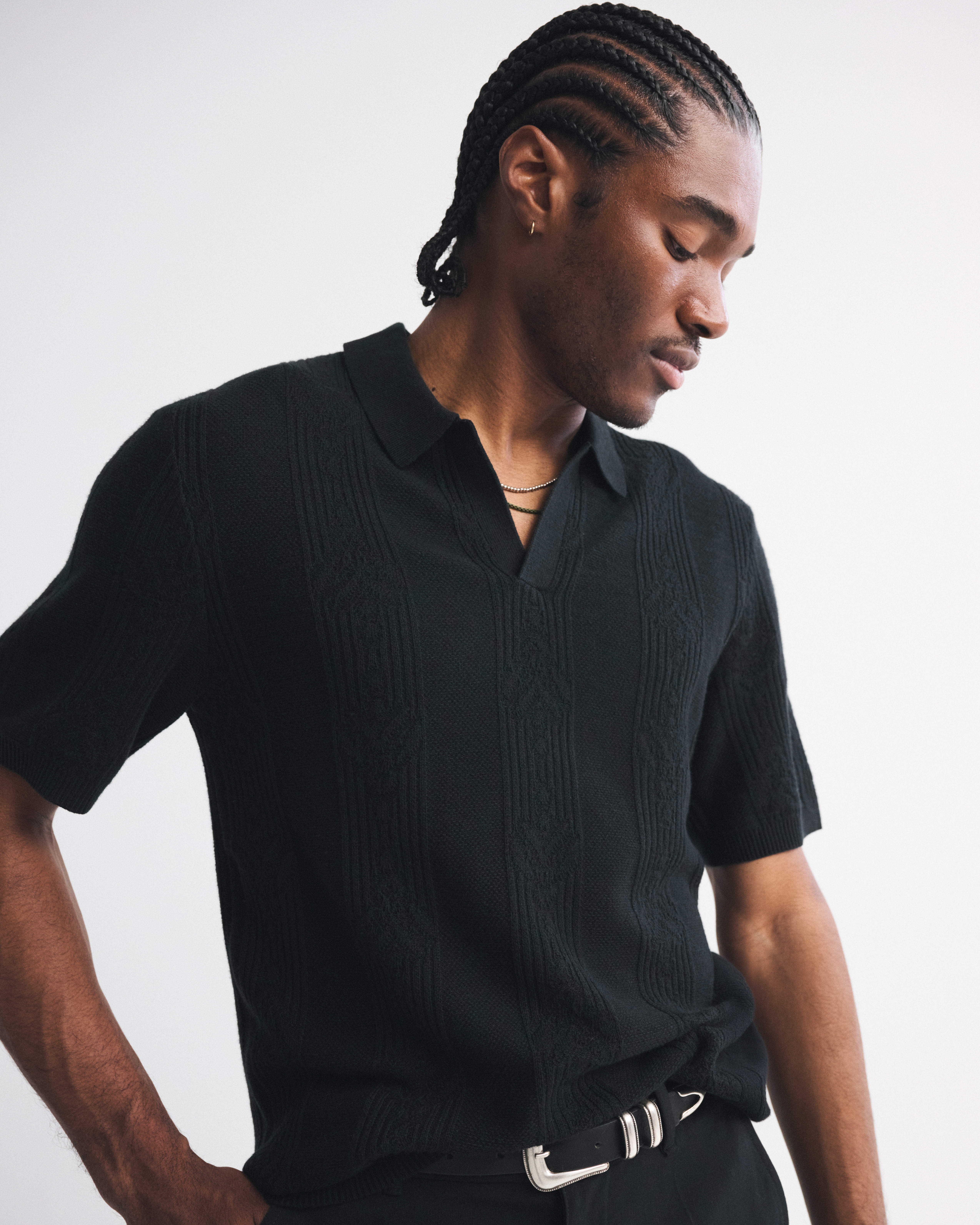 Abercrombie & Fitch Textural Striped Johnny Collar Sweater Polo In Black