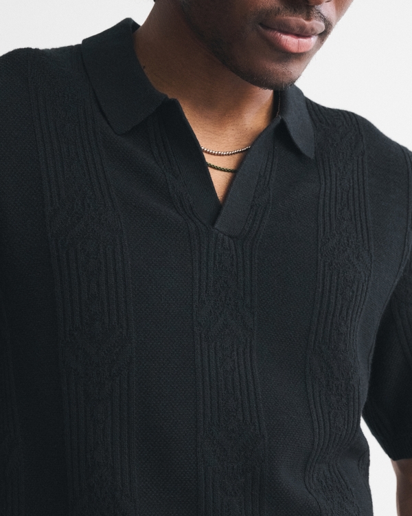 Textural Striped Johnny Collar Sweater Polo