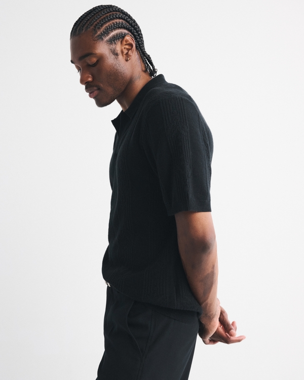 Textural Striped Johnny Collar Sweater Polo