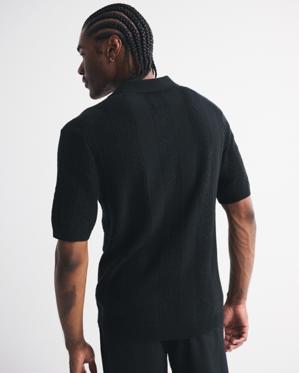 Textural Striped Johnny Collar Sweater Polo