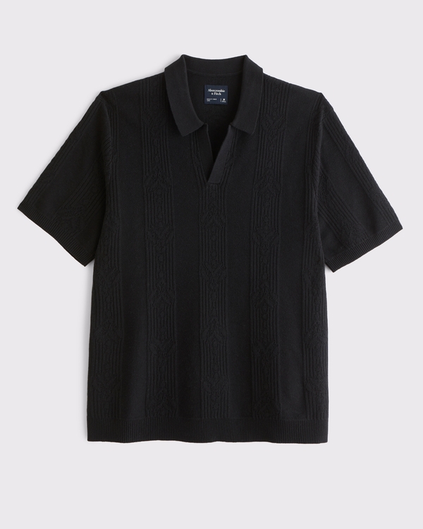 Textural Striped Johnny Collar Sweater Polo, Black Dd view 1
