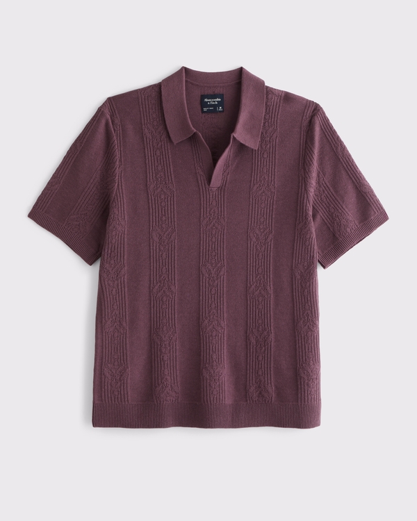 Textural Striped Johnny Collar Sweater Polo, Eggplant view 1