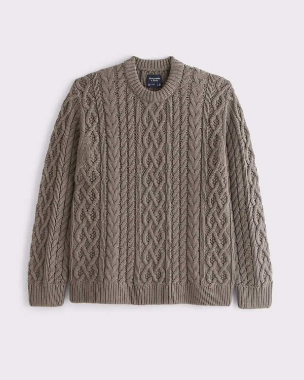 Oversized Cable Crew Sweater, Light Brown view 1