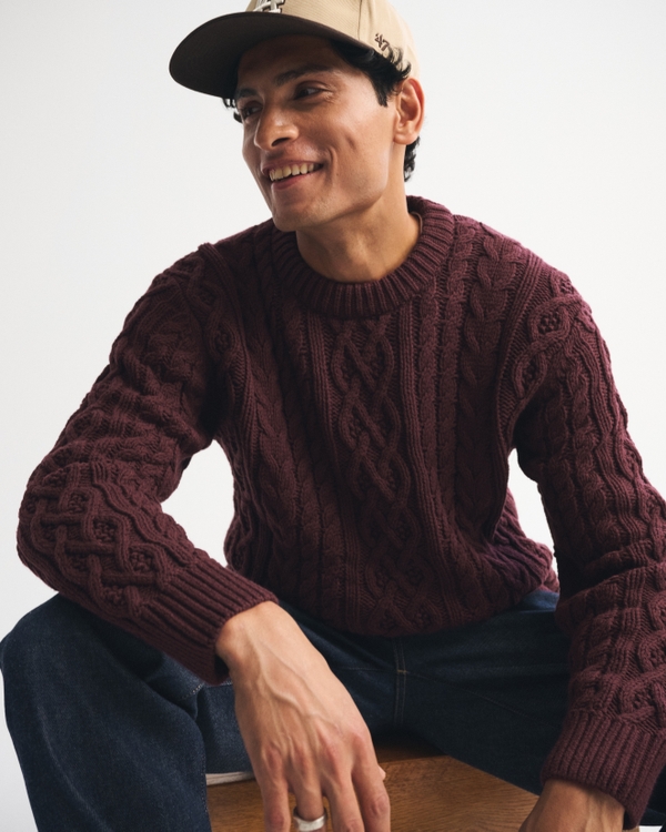 Oversized-Pullover mit Zopfmuster und Rundhalsausschnitt, Rotwein view 1