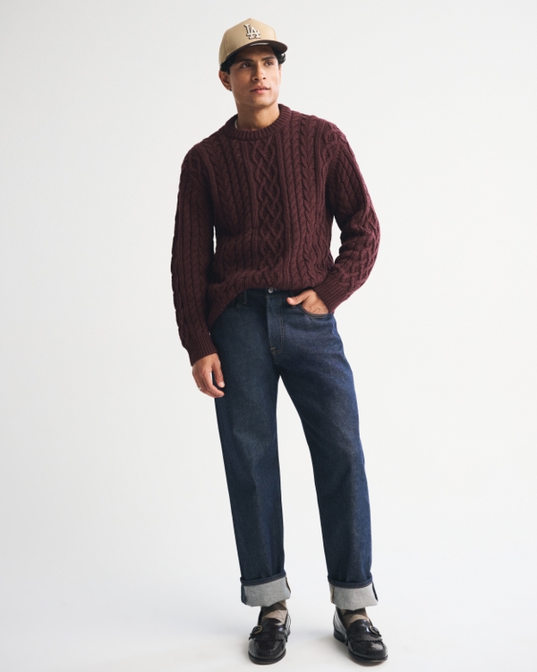Oversized-Pullover mit Zopfmuster und Rundhalsausschnitt, Rotwein view 2