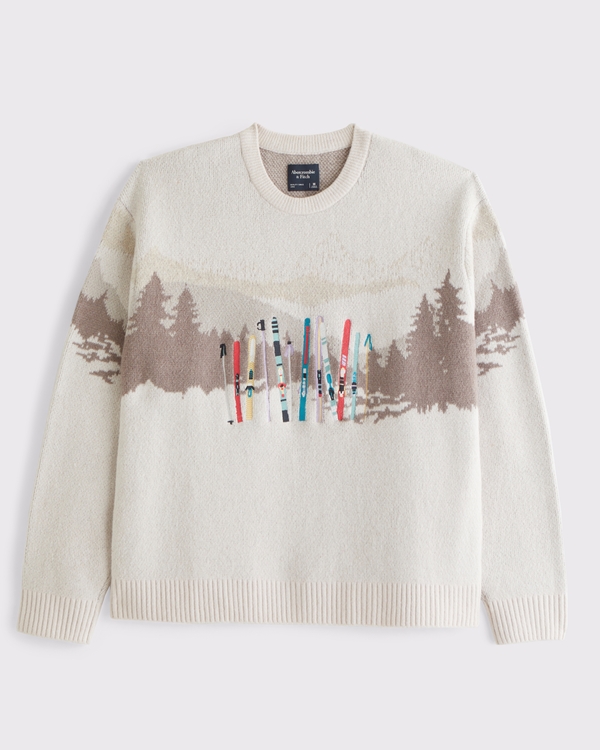 Oversized Ski Graphic Crew Sweater, Cream view 1