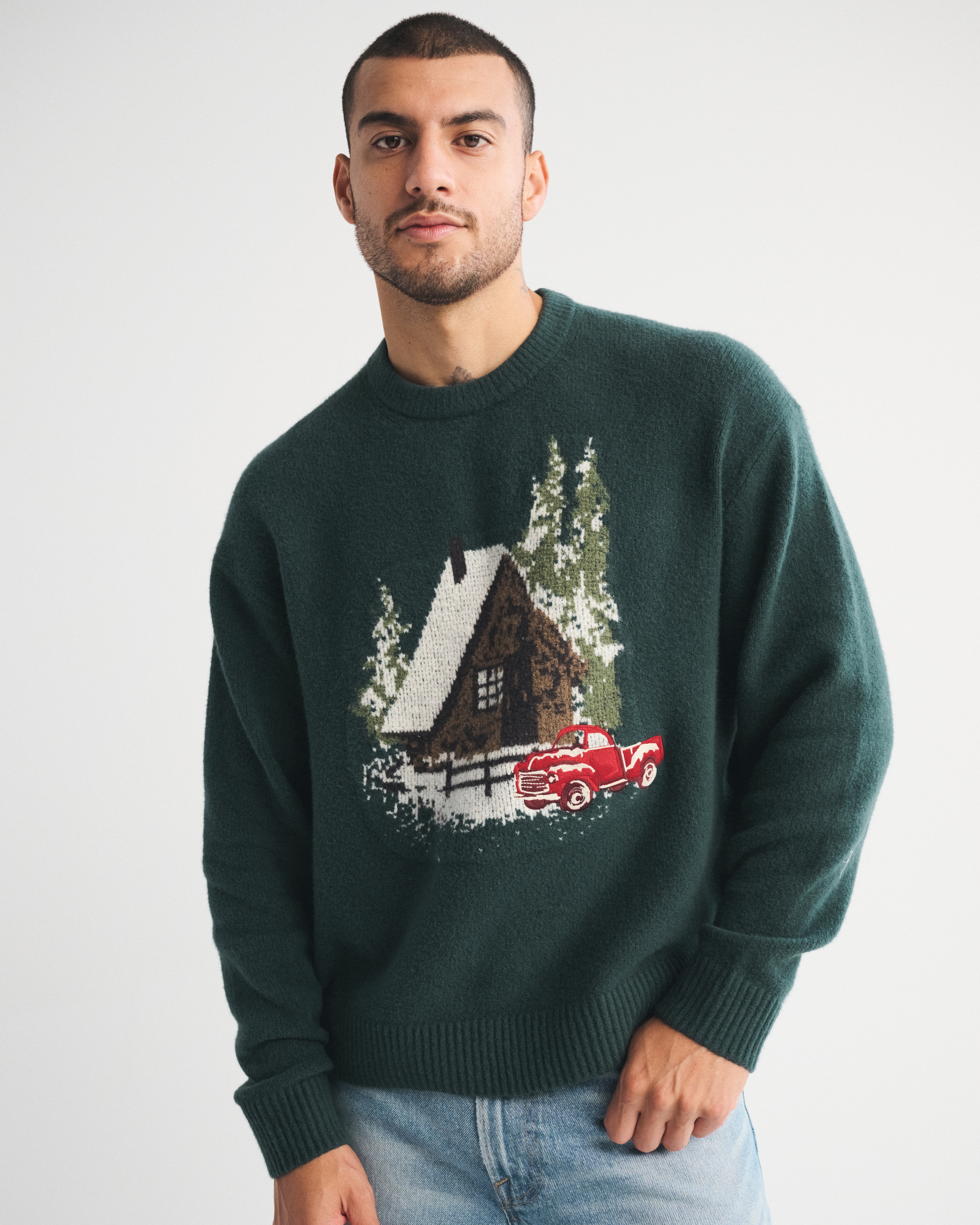 Abercrombie & Fitch Oversized Holiday Graphic Crew Sweater In Green