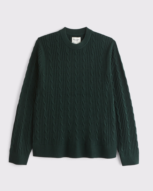 Merino Wool-Blend Cable Crew Sweater, Deep Green view 1