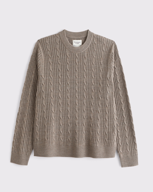 Merino Wool-Blend Cable Crew Sweater, Light Brown view 1