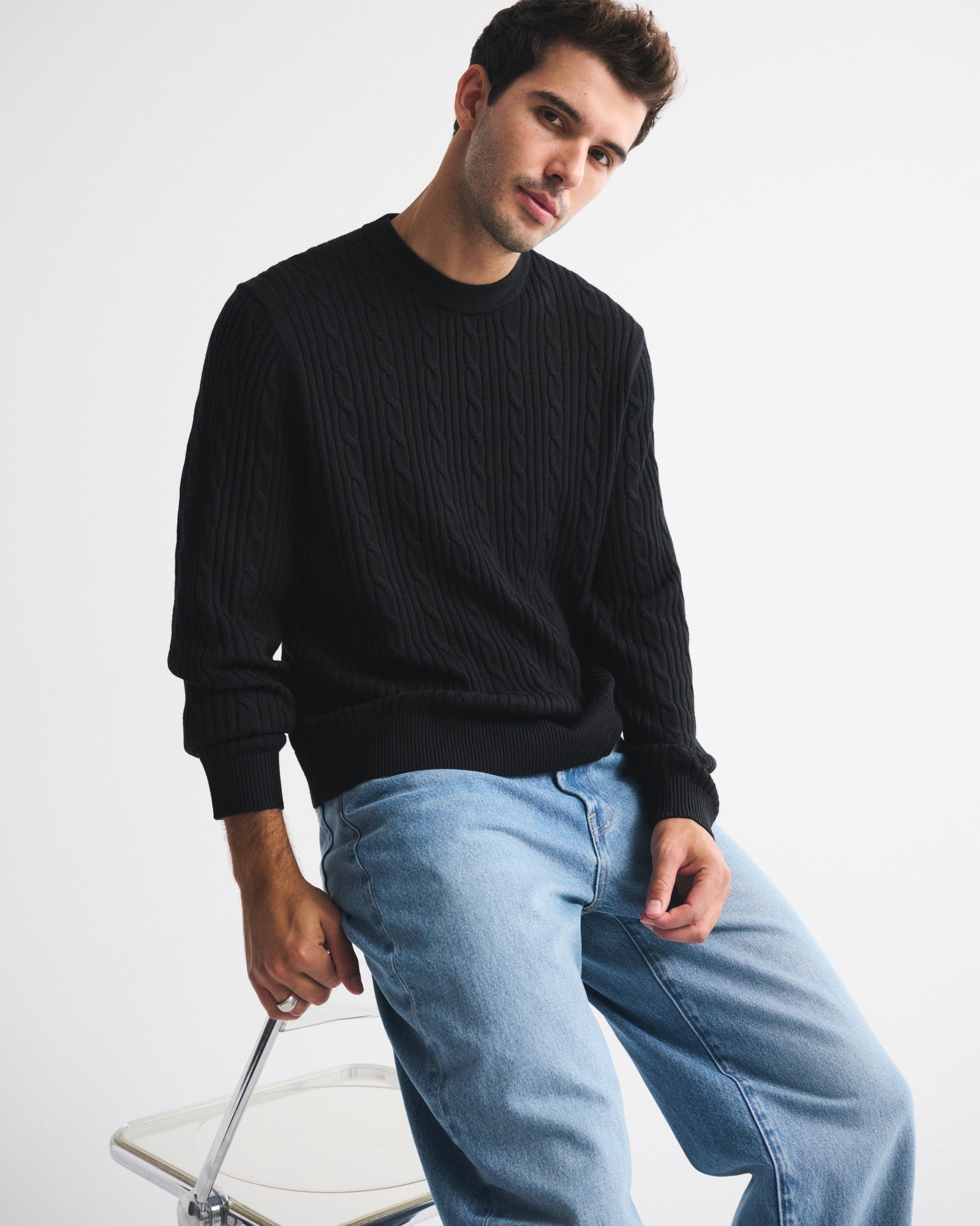 Merino Wool-Blend Cable Crew Sweater